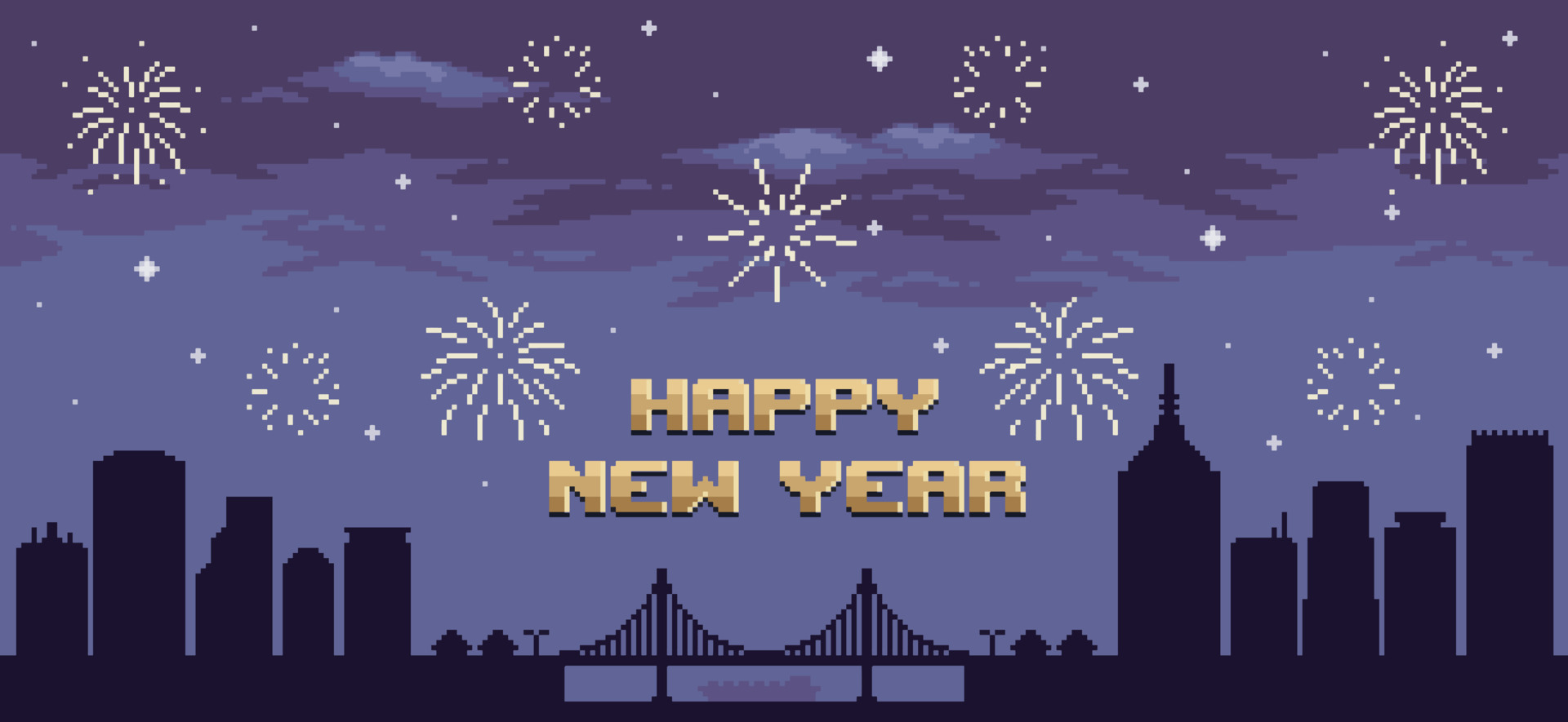 fundo de cidade de pixel art com fogos de artifício de ano novo